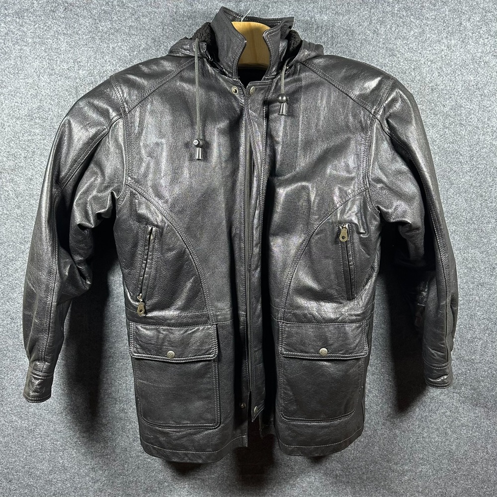 VTG Leather Hooded Jacket Men Medium Great Seal of the State of Oklahoma Black